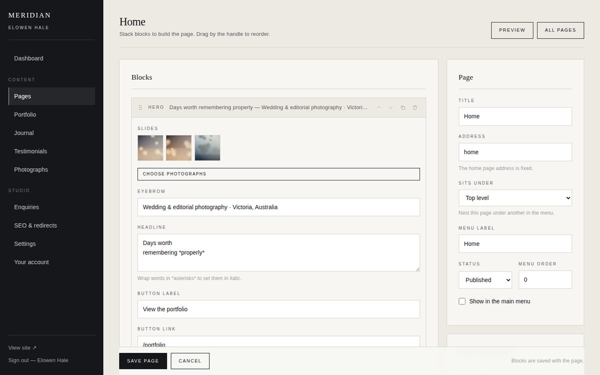Editing a block — Every block opens to plain fields. No nested panels, no hunting.