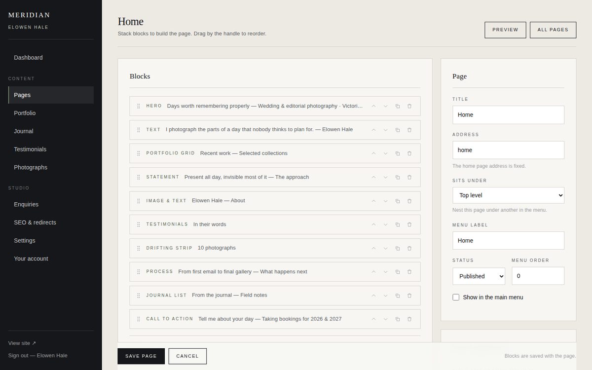 The block builder — Drag blocks into any order. What you see listed is what renders.