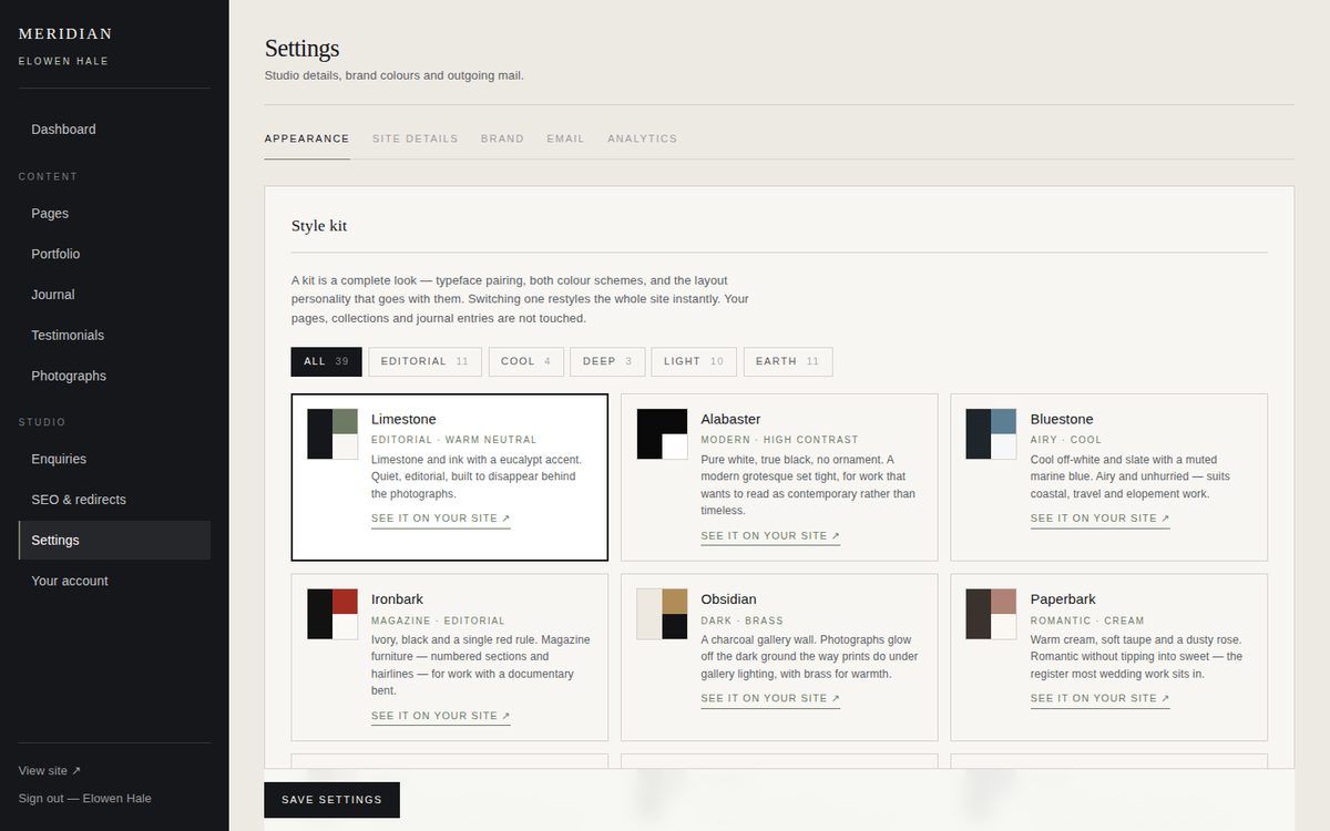 Style kits — Thirty-nine kits, filterable by family, switchable in one click.