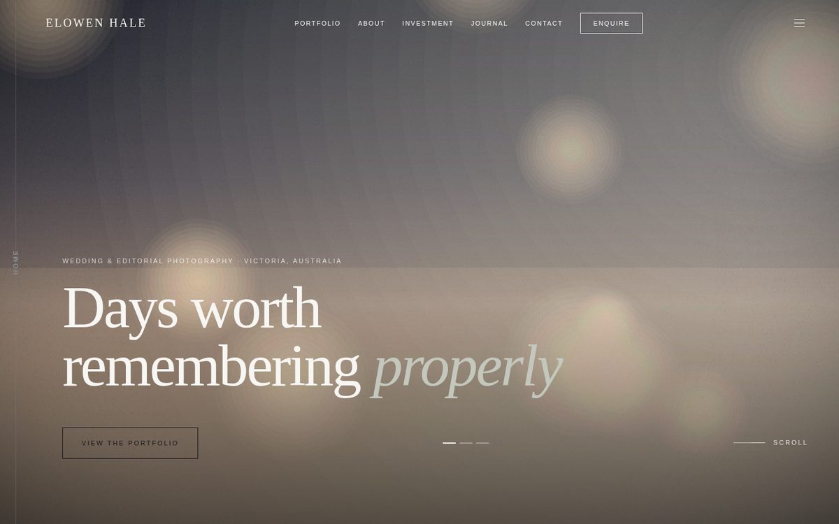 A photography homepage in the Limestone style kit — full-bleed hero with a serif headline over a photograph