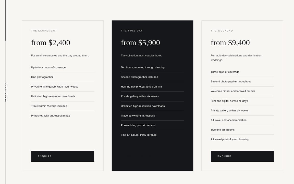Pricing — Collection pricing with a highlighted tier, inclusions and its own call to action.