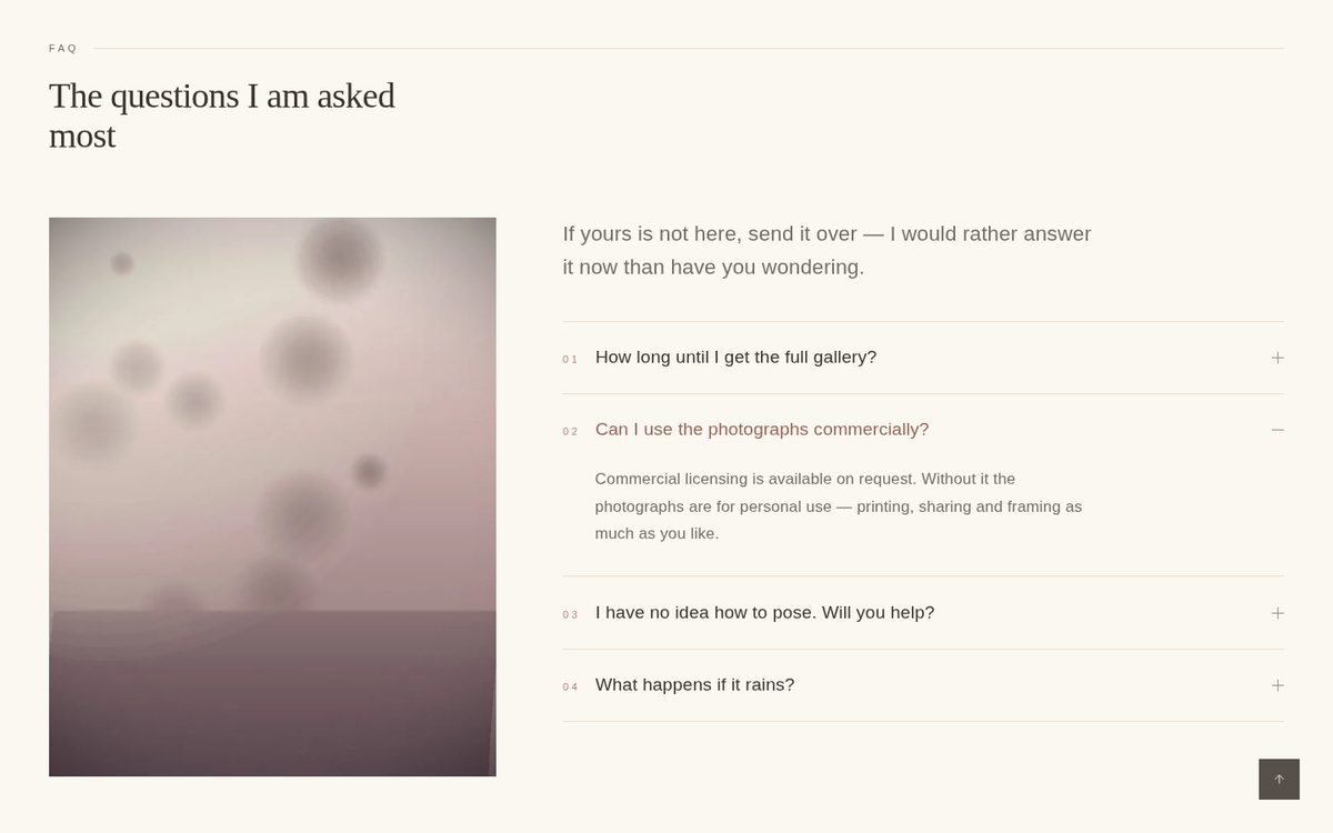 FAQ — Numbered questions that open one at a time. Works with the keyboard and with JavaScript off.